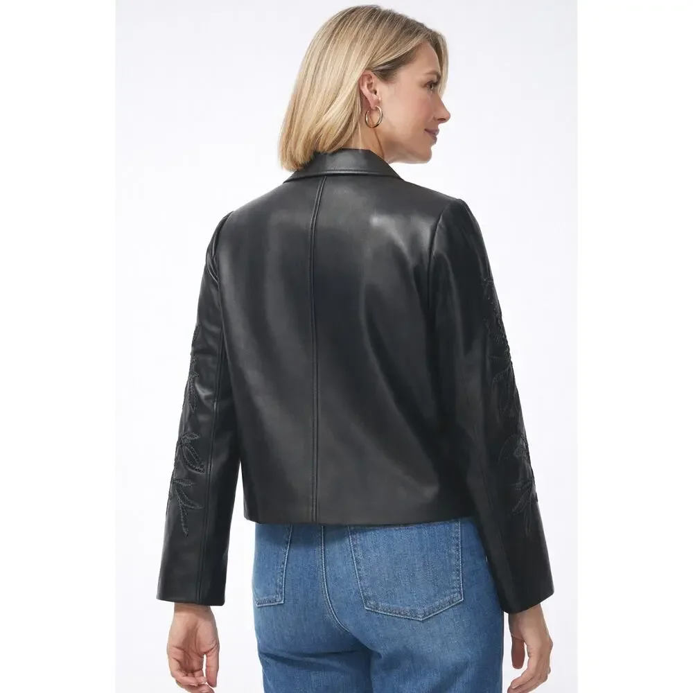 Chicos Womens Black Cutwork Faux Leather Jacket Size 8 Chicos 1 New Long Sleeve
